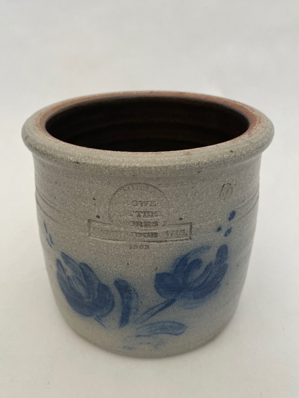 Vintage Rowe Pottery Works Crock 1982, Blue Flower Motif Stoneware